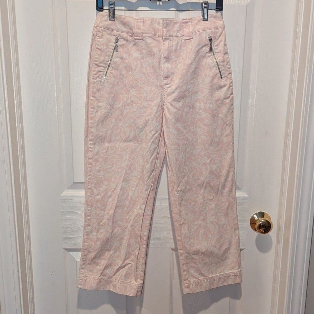 Coastal Cottagecore Paisley Pink White Cotton Capri‎ Pants Kate Hill 6P